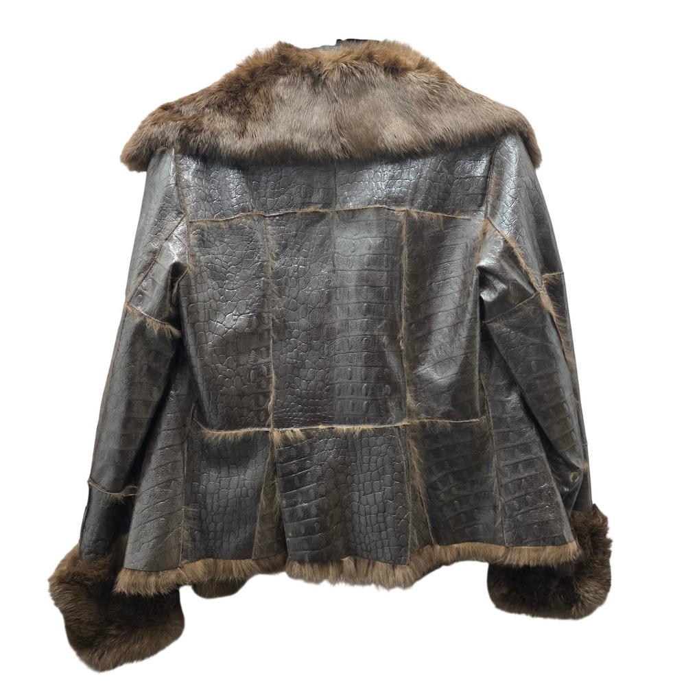 Bebe Vintage Y2K Brown Croc Embossed Leather Jacket Rabbit Fur Trim Small - Picture 2 of 9